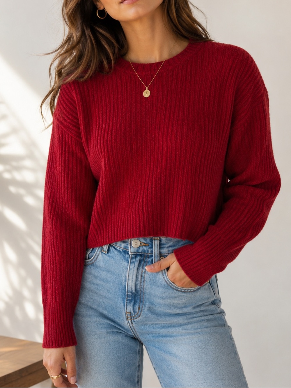 Wilfred Free Aritzia Burgundy Ribbed Cropped Sweater Medium Soft Knit Crewneck